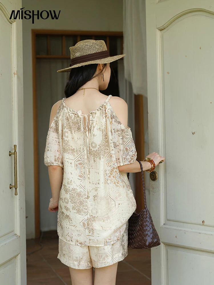 MISHOW Women's Two Piece Set 2025 Summer New Casual Bohemian Print Top Beaded Tassel Drawstring Pocket Shorts Set MXE39T0723