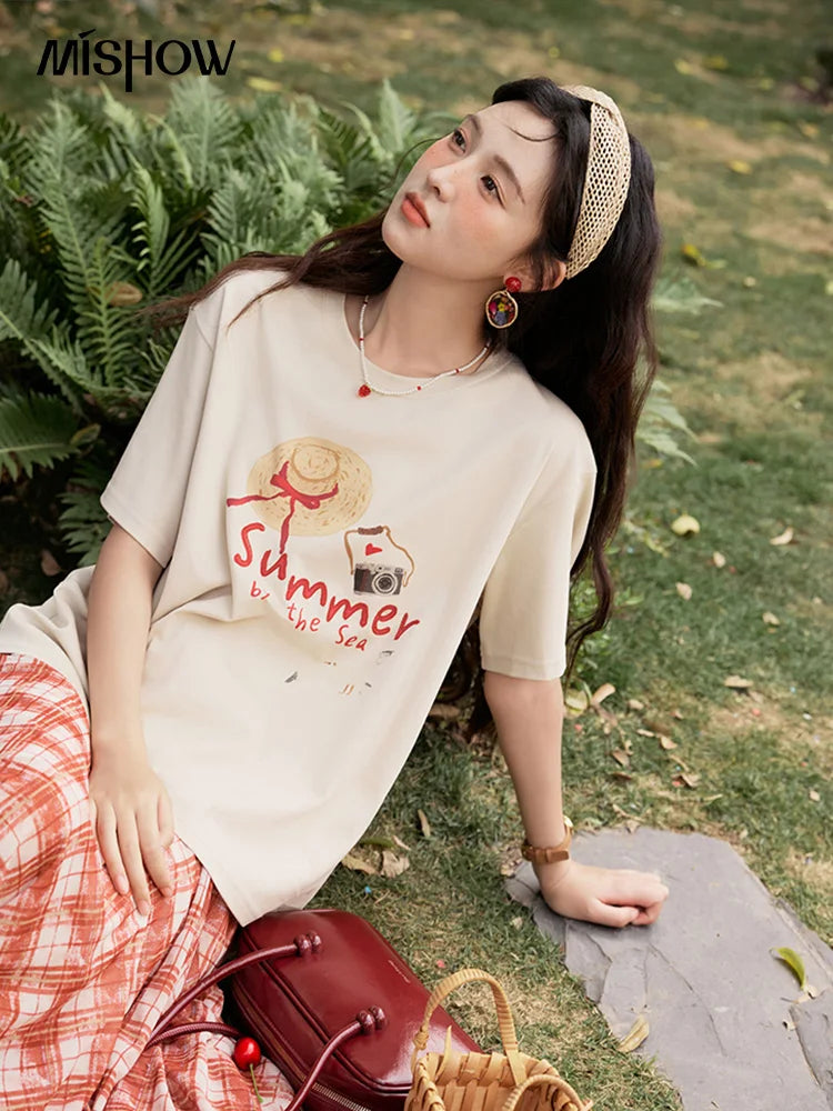MISHOW Women's Print T-shirt 2025 Summer New Loose Casual T-shirt Ladies Round Neck Short Sleeve Tee Female Clothing MXE34T0559