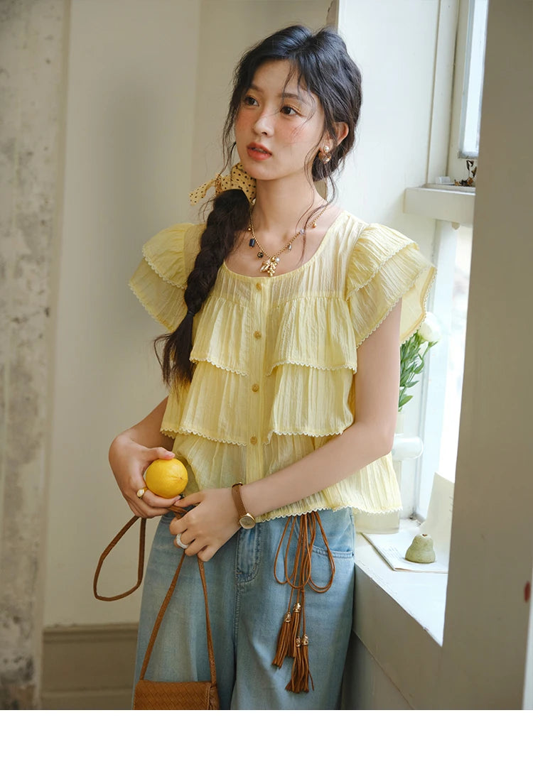 MISHOW Butterfly Sleeve Chiffon Shirt Women's 2025 Summer New Women's Clothing Retro Square Neck Button Casual Shirt MXD30X1488