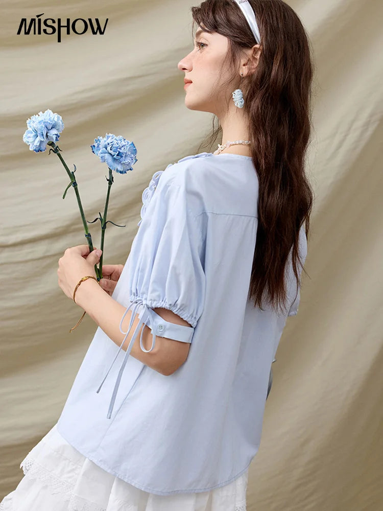MISHOW French New Shirts Women Summer 2025 Solid Short Sleeve V-neck Embroidered Loose Blouses Female Loose Versatile MXE31X1774
