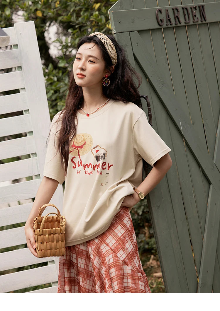 MISHOW Women's Print T-shirt 2025 Summer New Loose Casual T-shirt Ladies Round Neck Short Sleeve Tee Female Clothing MXE34T0559