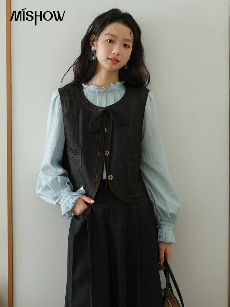 MISHOW Deep Blue Imitation Denim Vest Coat 2025 Autumn Round Neck Lace-up Coat Contrasting Button Single Breasted Top MXE41W0797