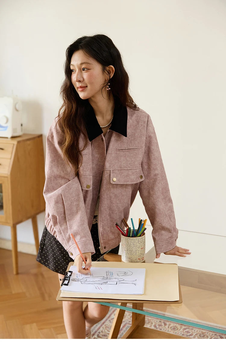 MISHOW Pink Purple Collision Black Lapel Jacket for Women Autumn Suede Metal Zipper Top Retro Loose Elastic Hem Coats MXE46W0865