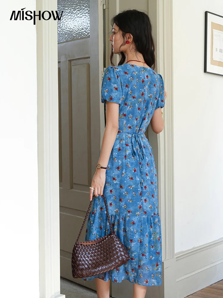 MISHOW Women's V-neck Lace Up Dress 2025 Summer New Female Fashion Puff Sleeve Chiffon Print Dresses Ladies Clothing MXE39L2401