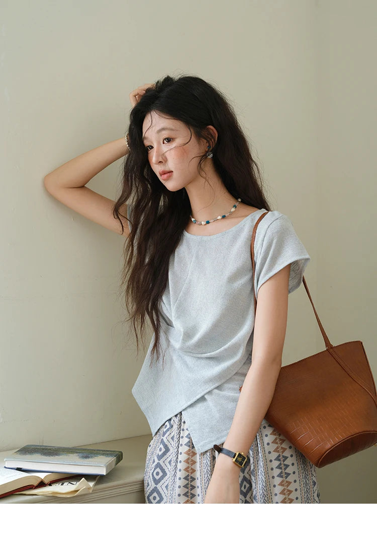 MISHOW Round Neck Knitted T-Shirt Irregular Design Button MXE39T0709