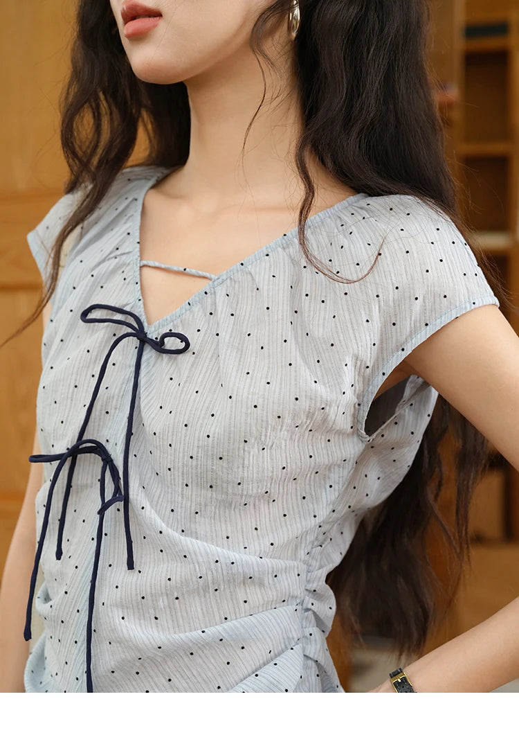 MISHOW Women's Elegant Blouses 2025 Summer Ladies V-Neck Bow Spliced Polka Dot Garment Sleeves Top Female Clothing MXE37X1909