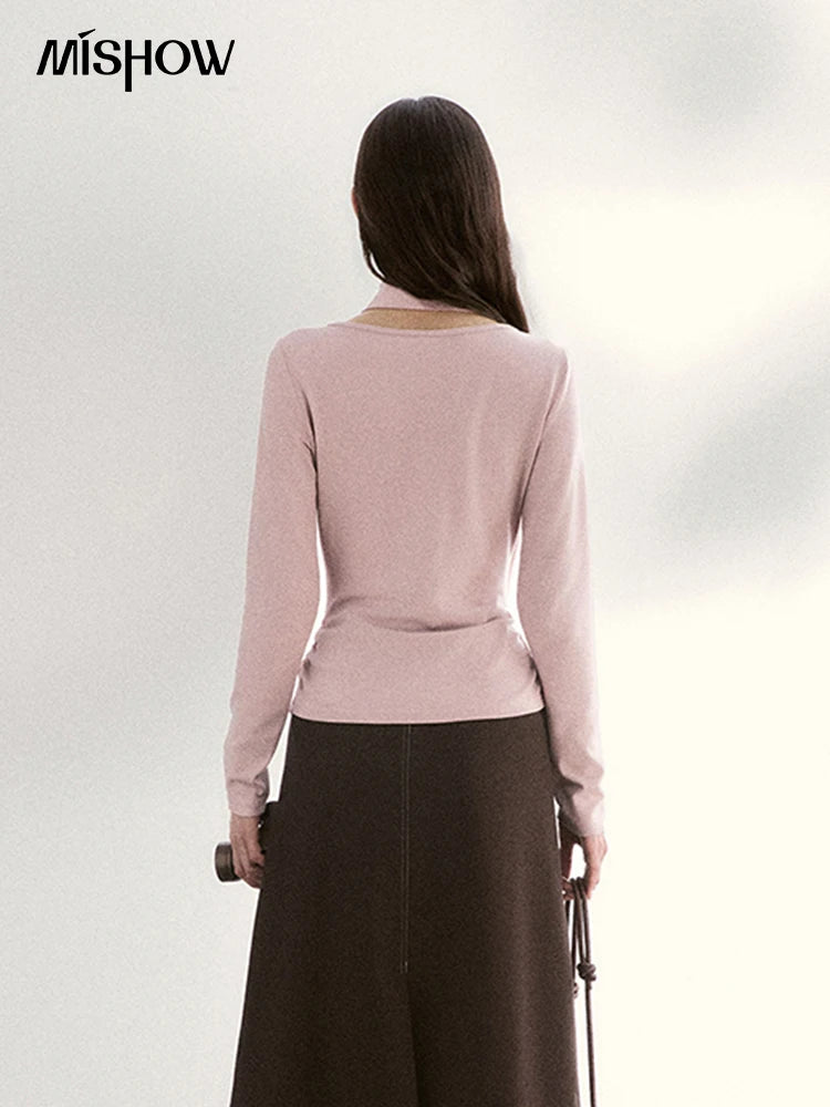 MISHOW Women's Scarf Neck Pink Long Sleeve Top 2026 Spring Color Collision Bead Asymmetrical Tops Knitted Sweaters MXF108Z1025