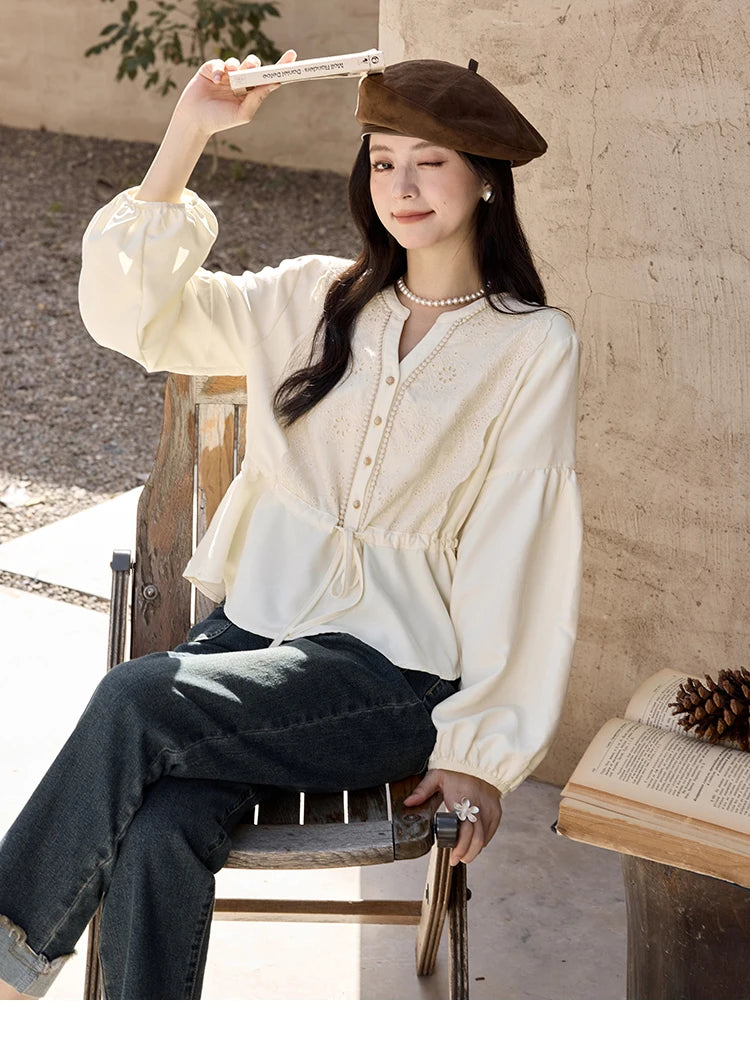 MISHOW Women's French V-neck Blouse Lace Lantern Sleeve Long-sleeved Blouses 2024 Fall Tie Drawstring Waist Slim Tops MXD45X1660