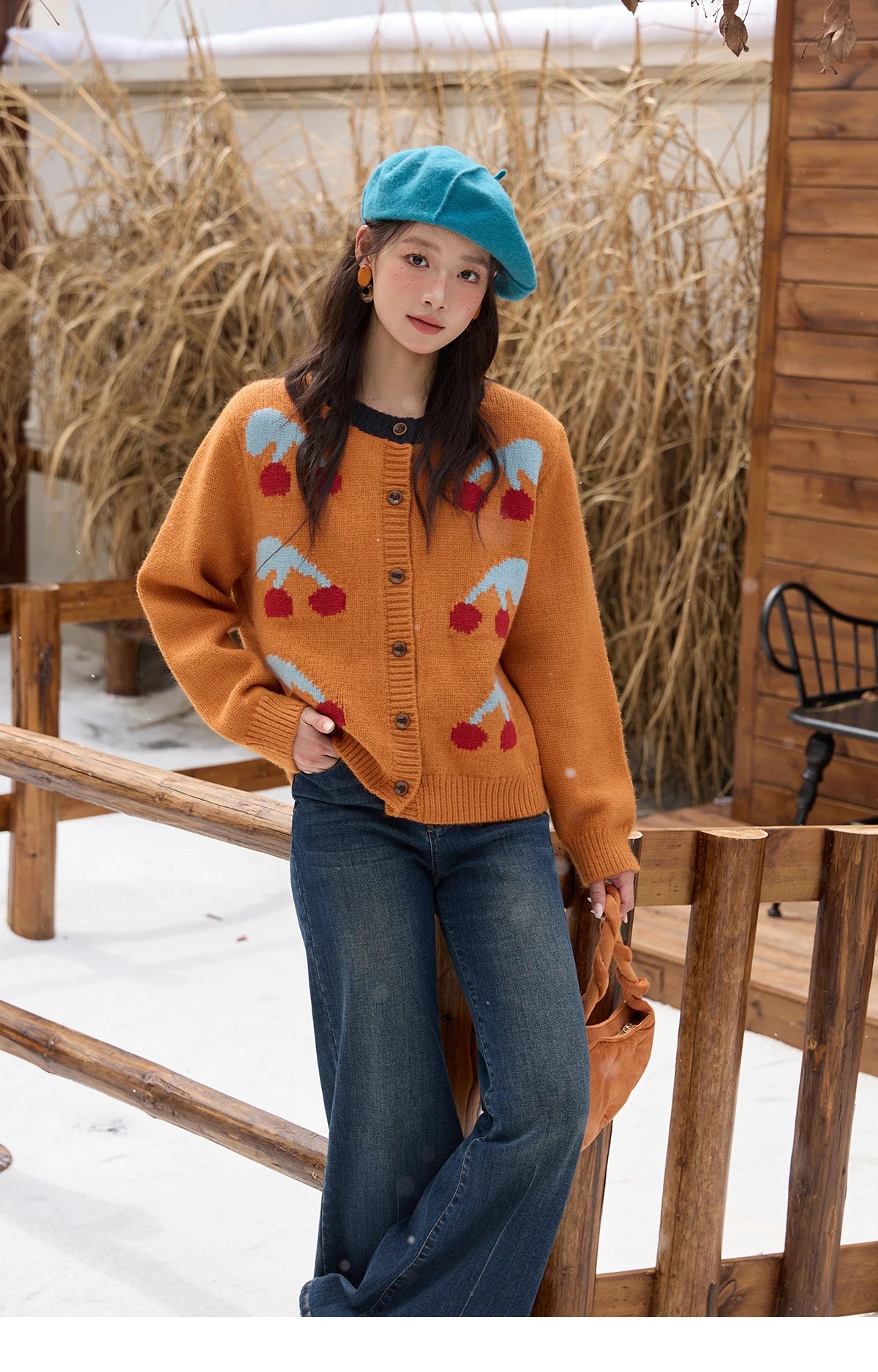 MISHOW Cherry Jacquard Knitted Cardigan for Women 2025 Winter Retro Sweet Round Neck Long Sleeves Sweater Commute Top MXE88Z2689