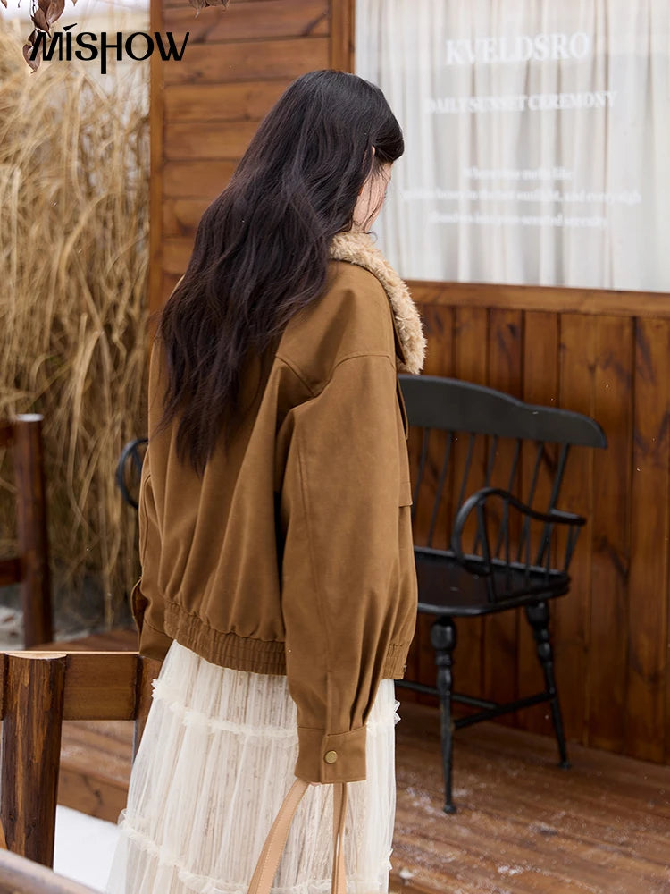 MISHOW Brown Suede Jacket for Women 2025 Winter New Detachable Fur Collar Coat commute Long Sleeve Zipper Jacket MXE51W0876