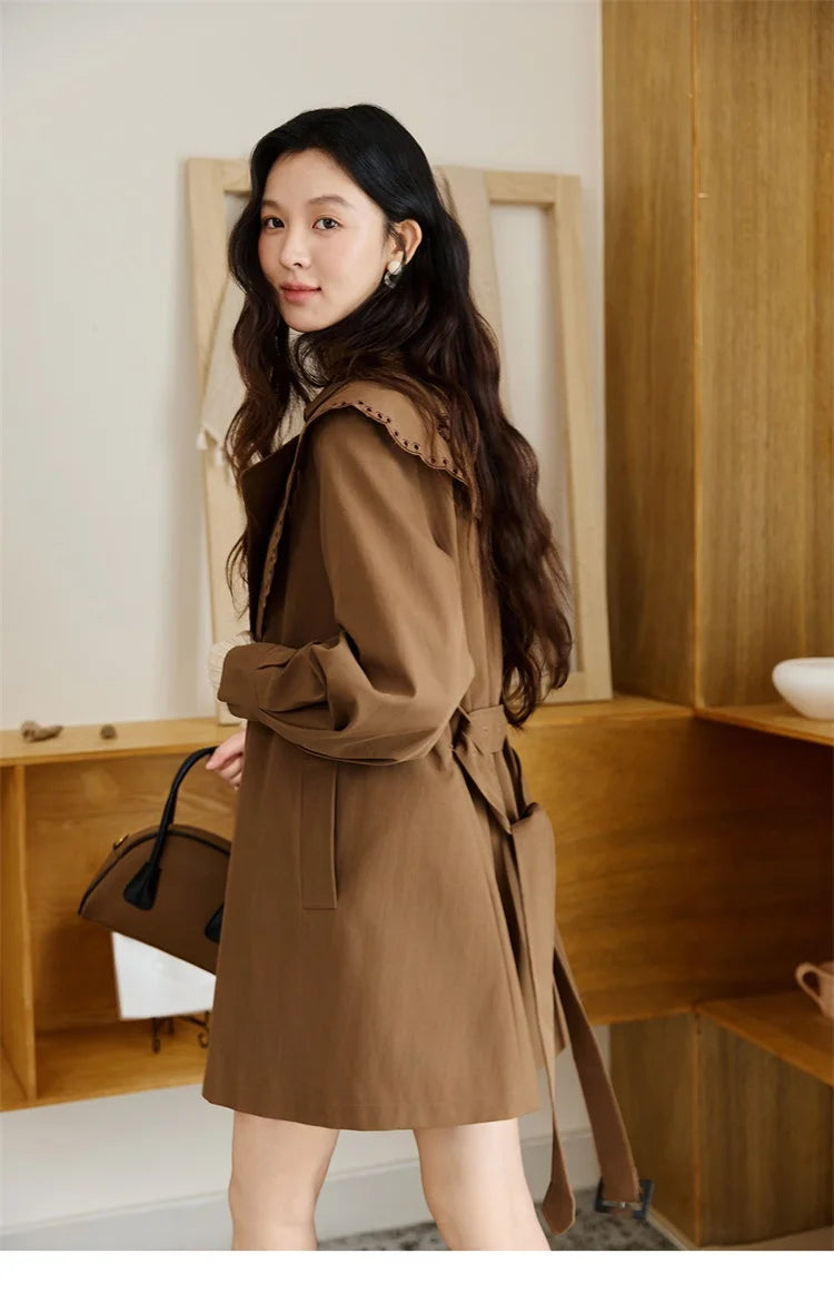 MISHOW Women's Trench Coat 2025 Autumn Hollow Embroidery Mid-length Windbreaker Double-breasted Belt Retro Jacket MXE46W0862