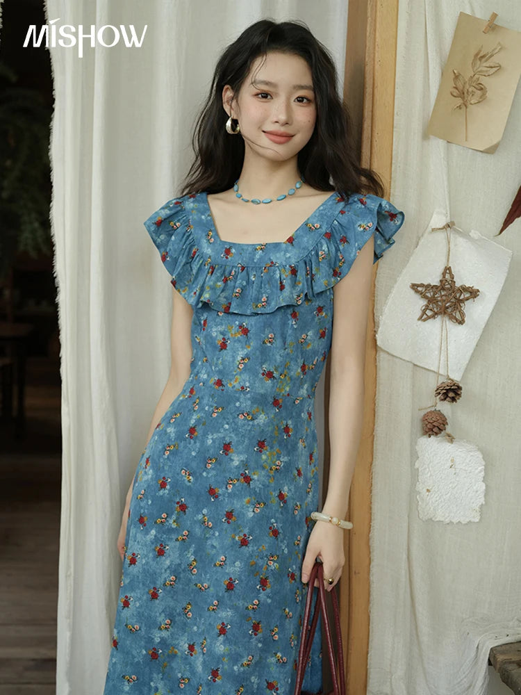 MISHOW Women's Fashion V-neck Ruffled Floral Dress Summer 2025 Flying Sleeve Waist Lace Up Casual Vacation Dresses MXE39L2436