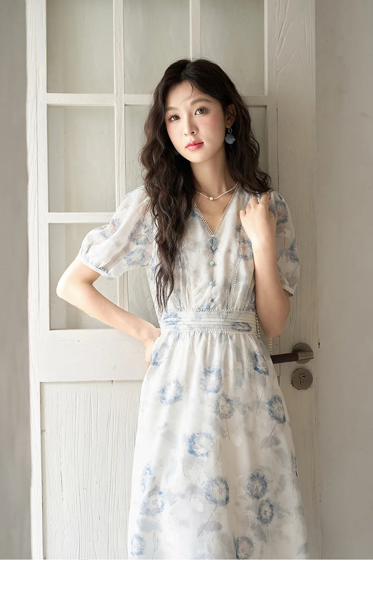 MISHOW 【Taraxacum Series】Chiffon Dress for Women 2023 Summer French Taraxacum Printing V-neck Waist Puff Sleeve Dress MXC39L1555