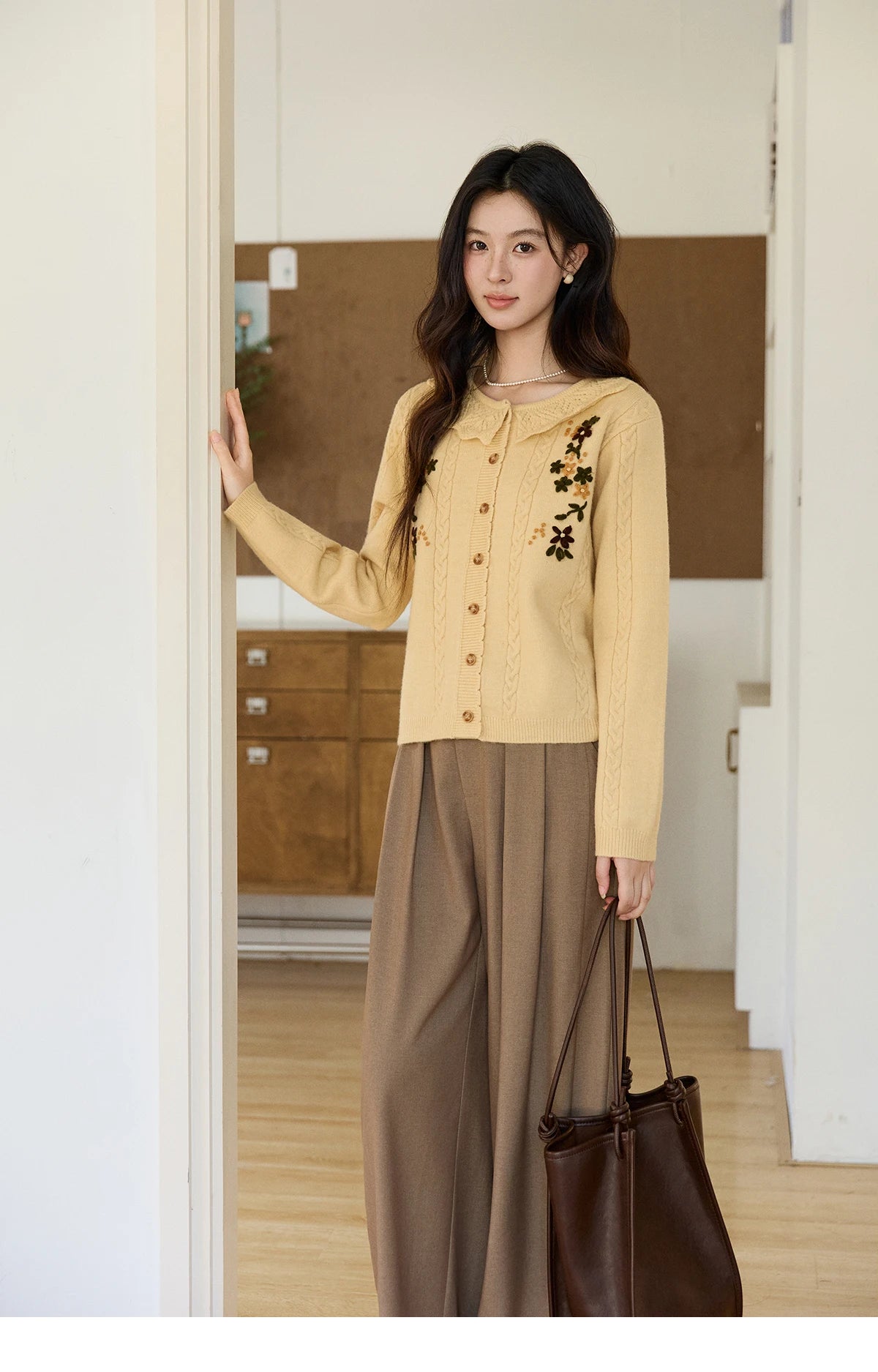 MISHOW Women's Cable Knit Cardigan Spring Peter Pan Collar Floral Embroidery Sweater Long Sleeve Casual Loose Tops MXF11Z2904