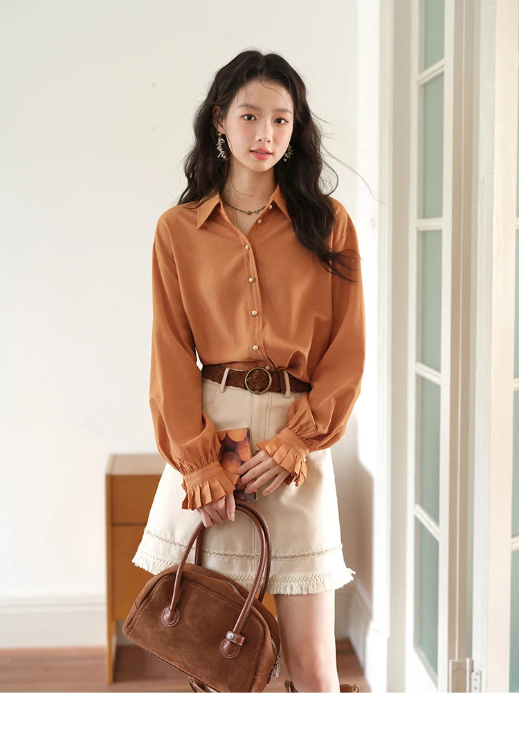 MISHOW Women's Shirts 2025 Autumn Color Blocking Buttons Pleated Cuffs Loose Top Female Solid Lapel Commuting Shirts MXE41C2352