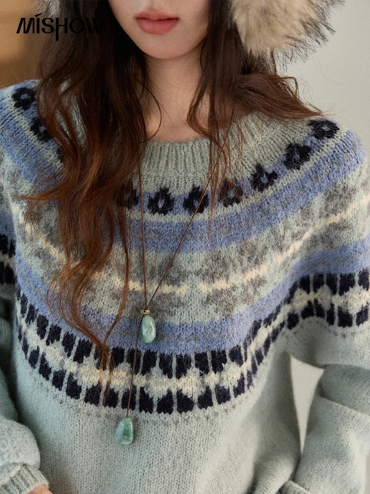 MISHOW Women's Blue Fair Isle Sweater 2025 Winter Geometric Jacquard Loose Retro Wool Blend Knit Pullovers Sweaters MXE87Z2767