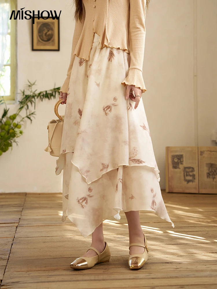 MISHOW Long Flowy Skirt for Women 2024 Spring Irregular High Waist A-Line Print Beach Zipper Skirts Woman Clothing MXD11B0215