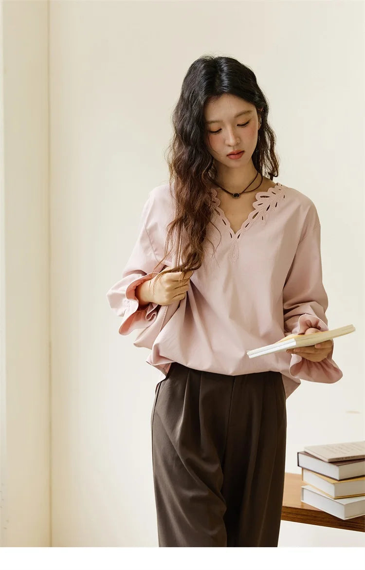 MISHOW Women's Elegant Blouse 2025 Autumn French Style Hollow Out V Neck Pink Blouse Loose Commute Long Sleeves Top MXE48X2502