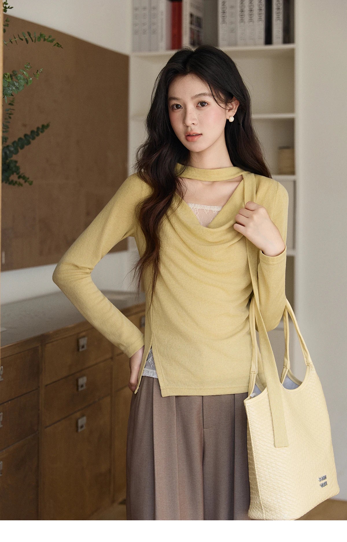 MISHOW Women's Yellow Splicing Lace Long Sleeve Knitted Top Spring Ribbon Draped Collar Casual Slim Thin Sweater MXF108Z1030