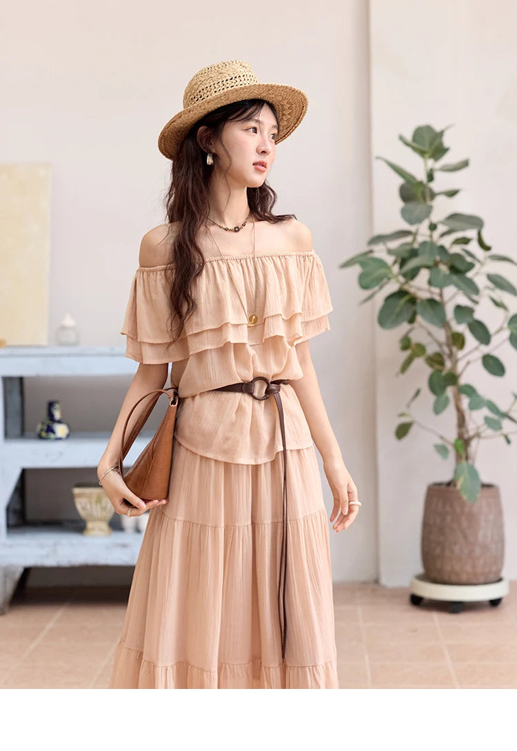 MISHOW Women Fashion Two-Piece Set 2025 Summer Loose Lotus Leaf Edge Off Shoulder Top Elastic Waist Skirt Ladies Set MXE36T0637