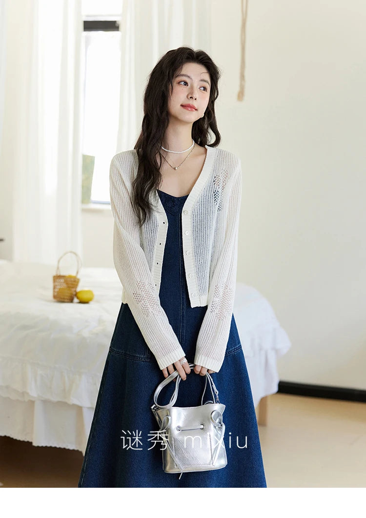 MISHOW Denim Camisole Dress Hollowed Out Cardigan Separately Spring Knitted Cardigan Lace Edge Waist Dress(Not A Set) MXE13L2094