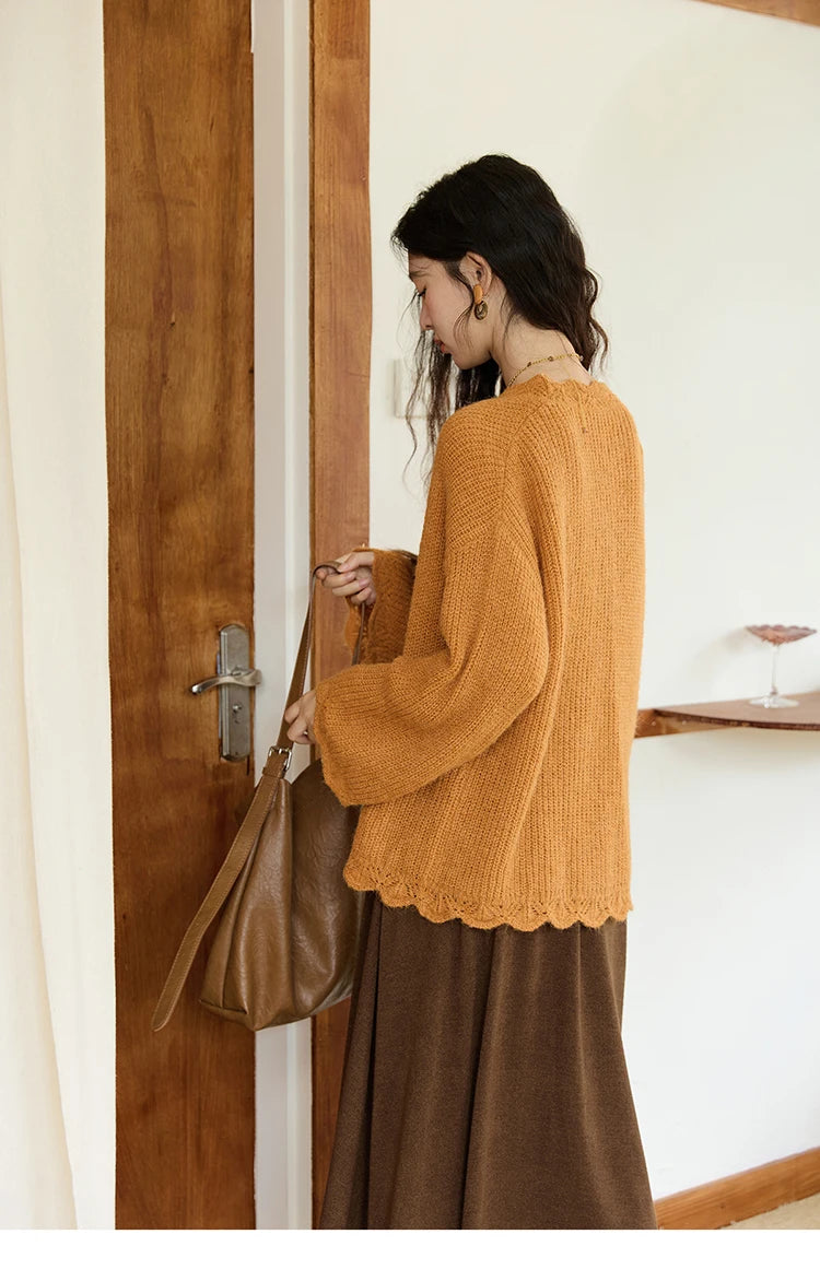 MISHOW Pumpkin Knitted Cardigan for Women Autumn 2025 Loose Wavy Edge Sweater Hollow Out Dropped Sleeves Cardigans MXE46Z2505