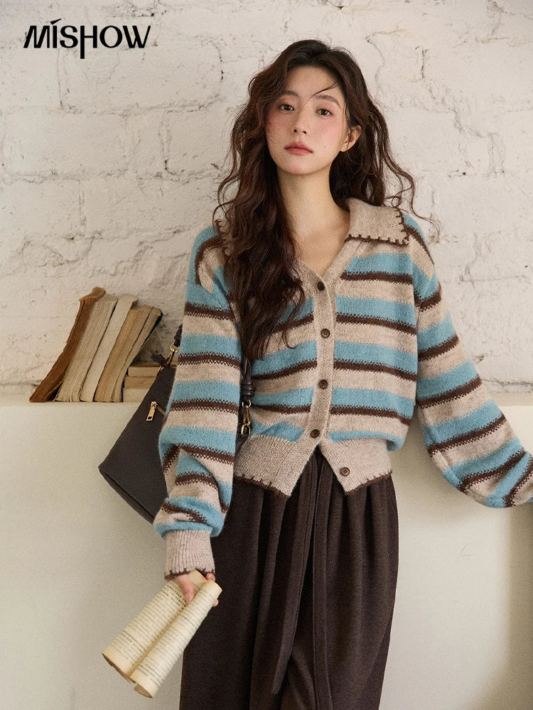 MISHOW Striped Cardigan for Women 2025 Winter Retro Unique Design V-neck Single-breasted Sweater Wool Long Sleeve Top MXE87Z2681