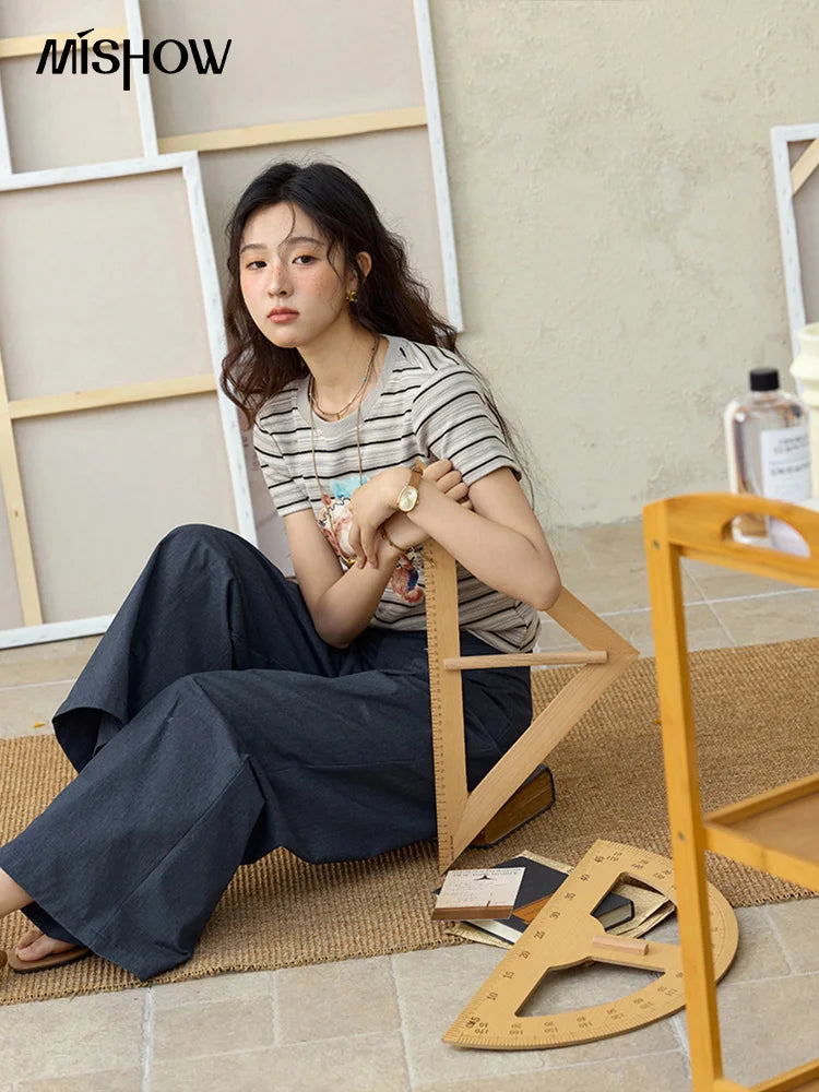 MISHOW Striped Cartoon Pufferfish Printed T-shirt for Women Summer 2025 Slim Shoulders Cotton Tees Short Sleeved Top MXE32T0538