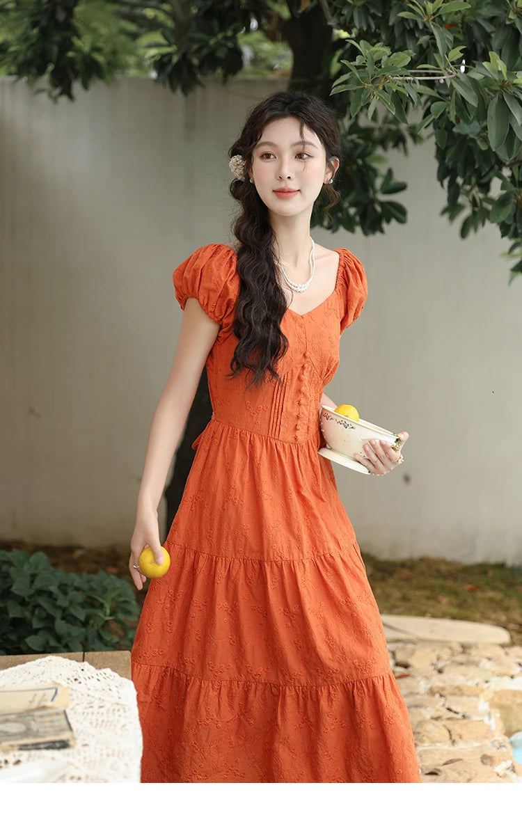 MISHOW 100 Cotton Orange Embroidered French Dress Women 2024 Summer V Neck Mid Length Dress Solid Loose A-line Dress MXD29L1931