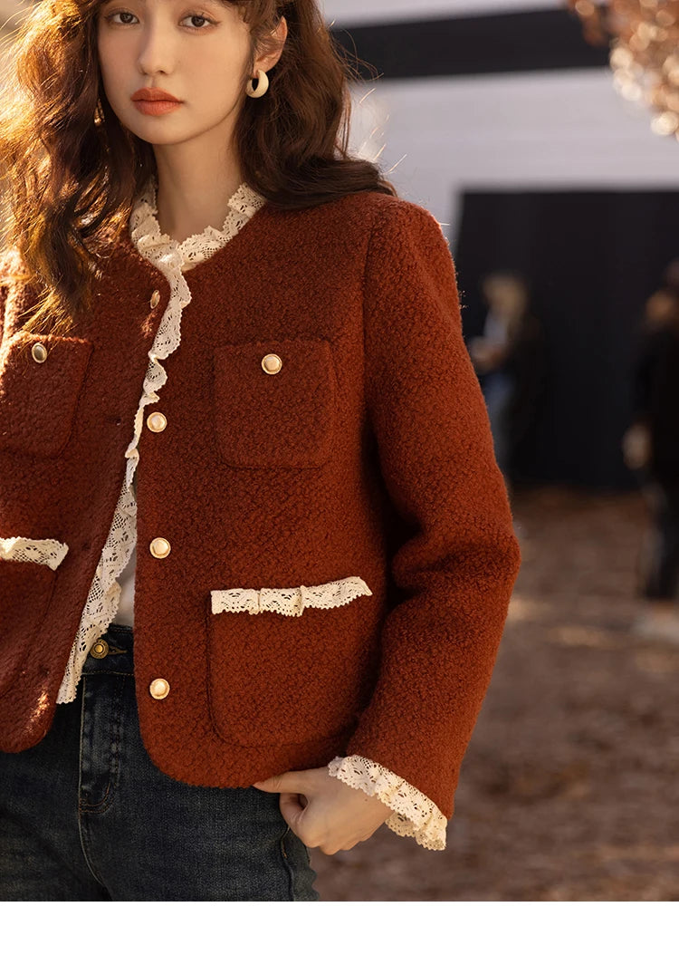 MISHOW Wool Coat for Women Winter Korean Retro Lace Splicing Lamb Wool Button Pockets Thickened Warm Female Coat MXB43W0720