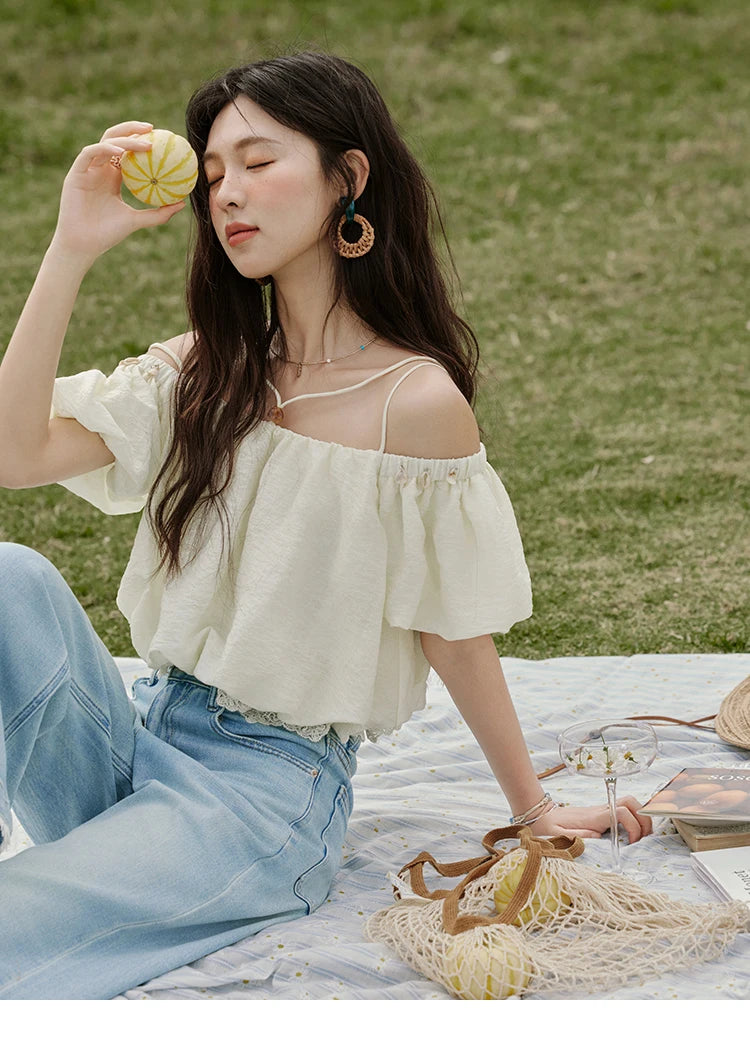 MISHOW French Summer Camisole Shirt Female 2025 New Solid Off-shoulder Short Sleeve Lace Tops Fashion Gentle Blouses MXE33X1755