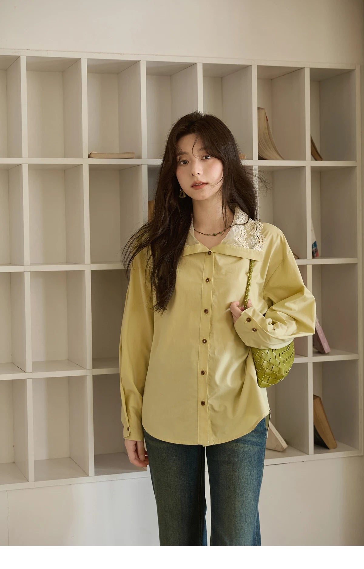 MISHOW Autumn Solid Cotton Shirt Autumn V-neck Double-layer Lace Retro Design Shirts Single Breasted Tops Office Lady MXE41C2366