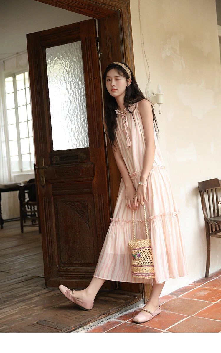 MISHOW Hanging Neck Striped Dress for Women 2024 Summer French Tea Break Camisole Dress Sweet Vacation Long Dresses MXD30L1951