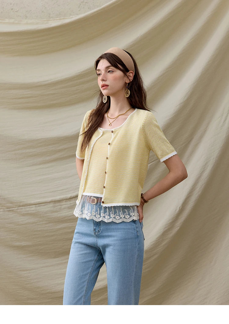 MISHOW Summer Camisole Cardigan Sets for Women 2025 Short Sleeve Round Neck Hem Lace Knitted Tops Female Fashion MXE33T0582