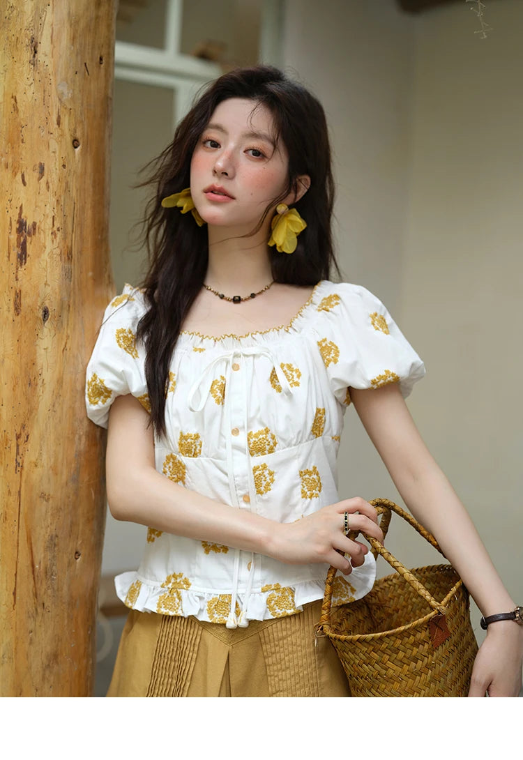 MISHOW Yellow Flower Embroidery Blouse Puff Sleeve Lace Up MXE35X1811