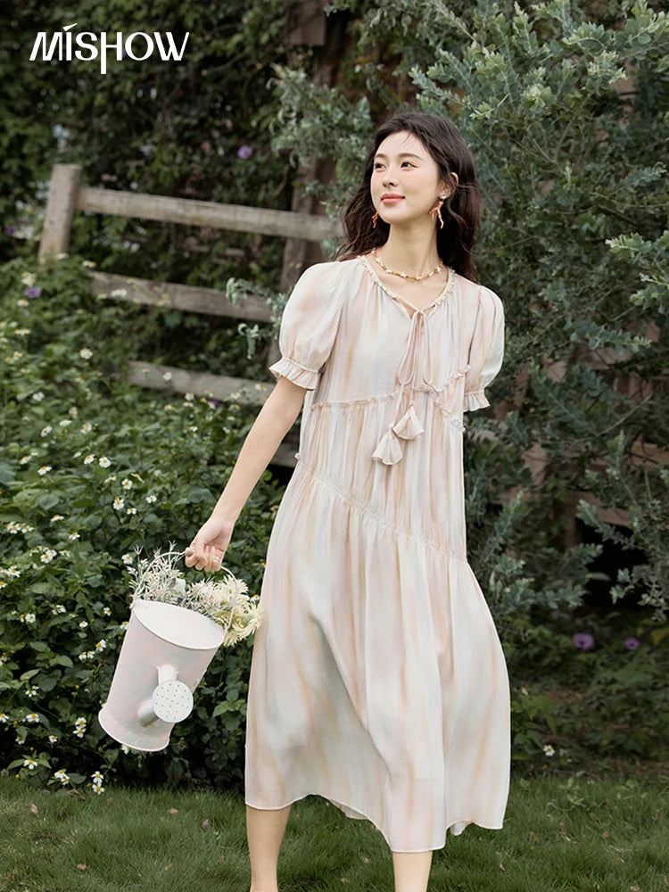 MISHOW French Summer Dress Women 2025 New V-neck Short Puff Sleeve Hollow Gradient Dresses Female Fashion Slimming MXE31L2166