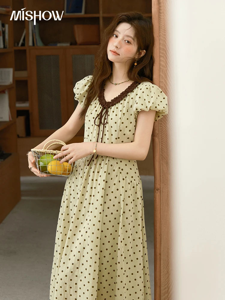 MISHOW Women's Casual Polka Dot Dress 2025 Summer New Ladies Puff Sleeve V-neck Lace Up Ruffle Edge Pocket Dresses MXE39L2326