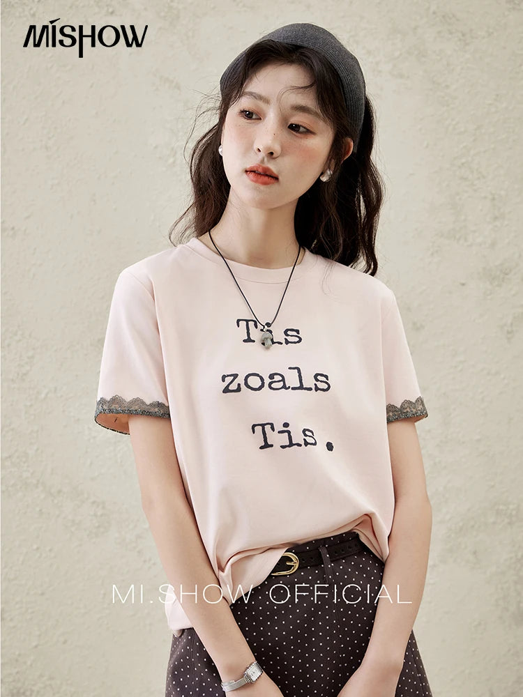 MISHOW Casual Pink Letter T-shrit Women Summer 2025 New Short Sleeve Round Neck Shirts Woman Fashion Lace Tops Lady MXE32T0529