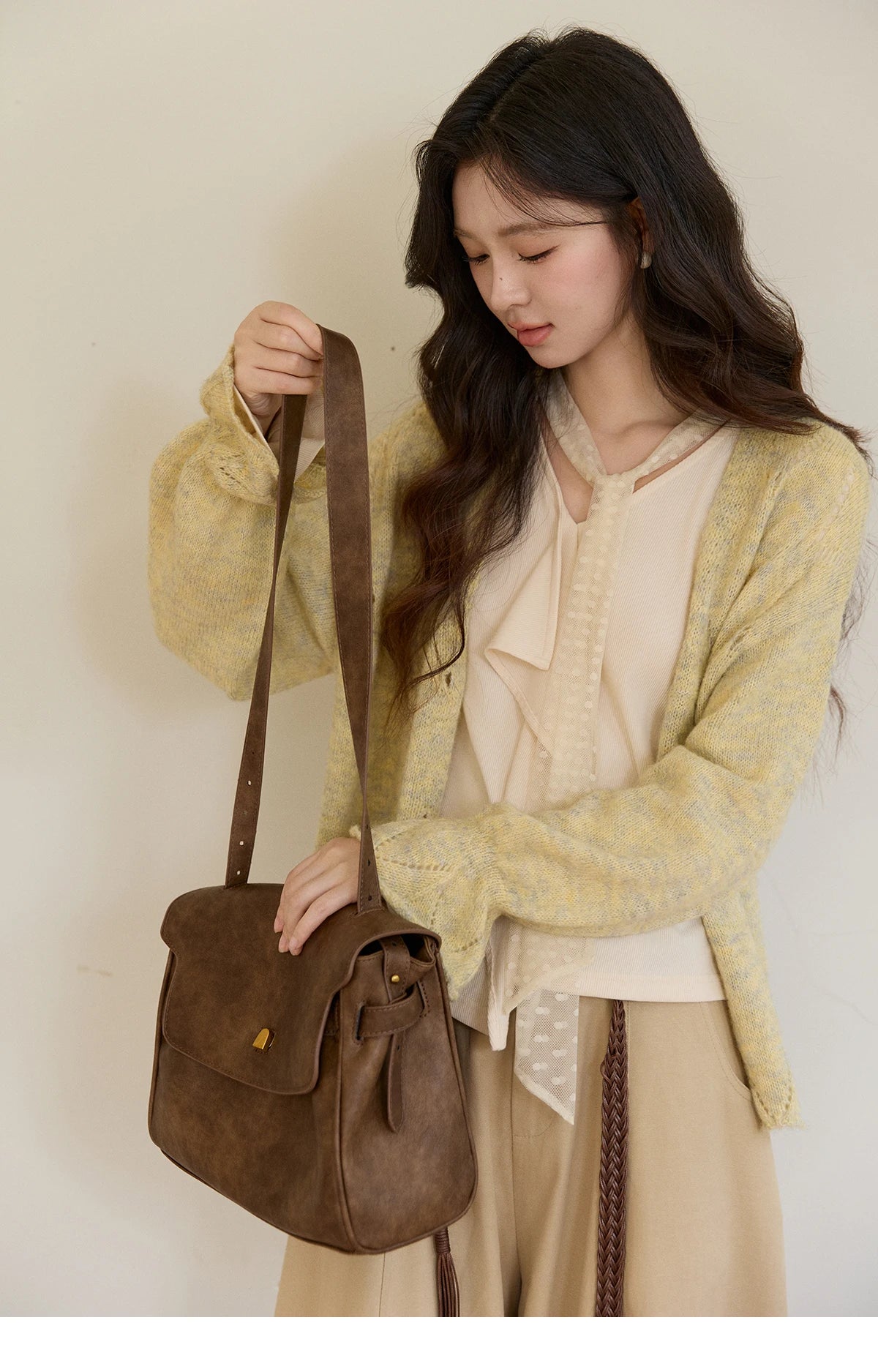 MISHOW Women's Marled Yellow Mohair Knit Cardigan 2026 Spring V-Neck Flare Sleeve Cardigans Casual Loose Sweater MXF108Z1021