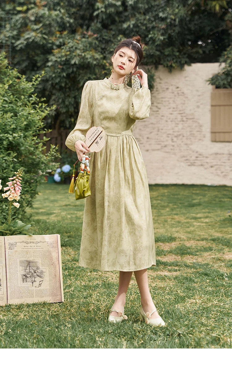 MISHOW Retro Chinese Improved Cheongsam Dress 2024 Spring Chiffon Printing Green Puff Sleeve Stand Neck Waist Dresses MXD14L1767