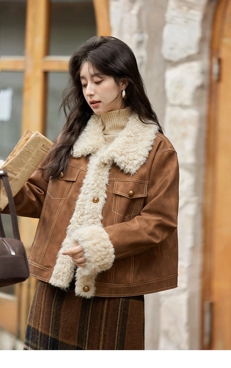 MISHOW Leather Fur Jacket Women Lamb Wool 2024 Winter Women Coat Fashion Soft Cotton Clip Thickened Spliced Jacket MXD56W0538