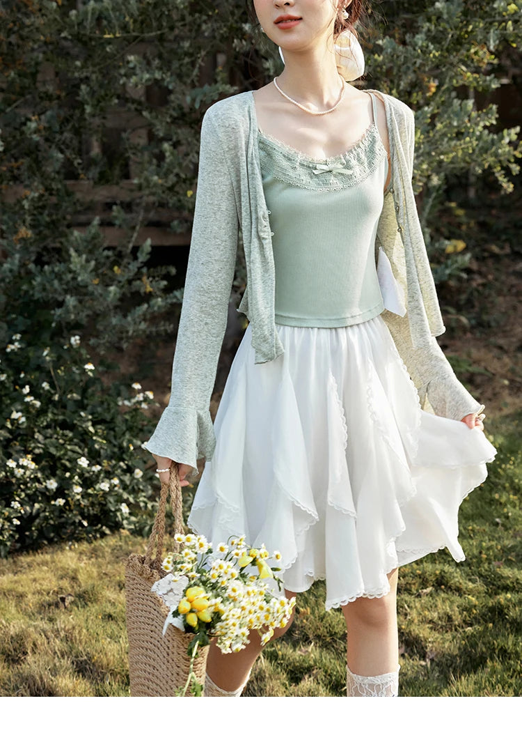 MISHOW Light Green Camisole Knit Cardigan Two-piece Set Spring Summer 2025 Lace Bow Camisole V-neck Cardigan Sets MXE15T0504