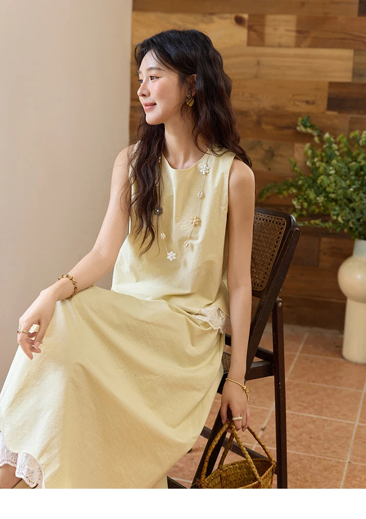 MISHOW Set 2 Piece 2025 Summer Women's O-Neck Lace Patchwork Sleeveless Top Elastic Waist Midi Skirt Elegnat Set MXE36T0641