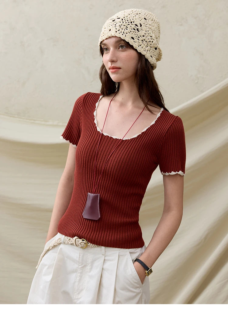 MISHOW Office Lady Summer Sweater Women 2025 New Solid Short Sleeve Lace Collar Contrast Color Hook Design Tops Slim MXE33Z1218