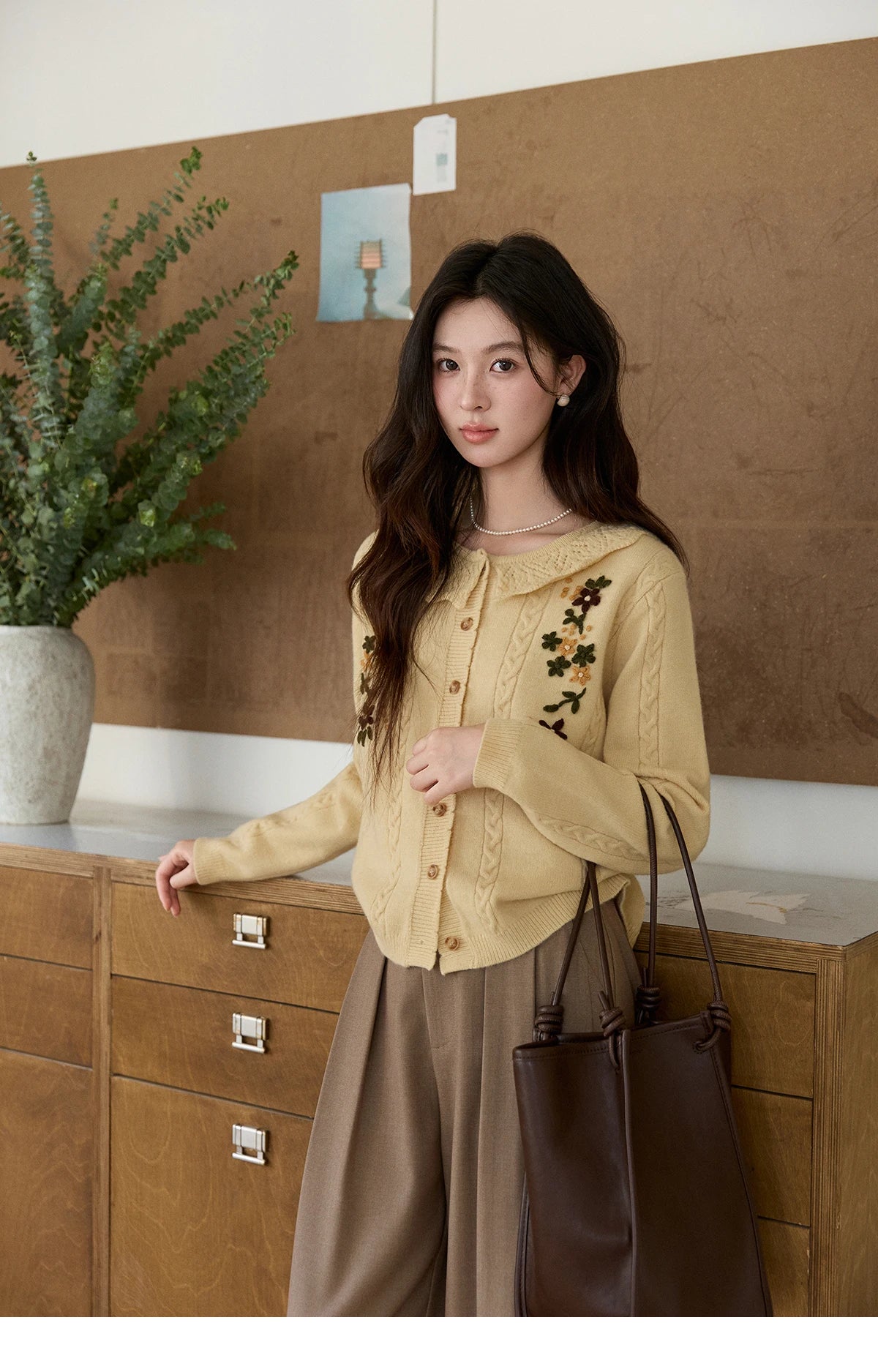 MISHOW Women's Cable Knit Cardigan Spring Peter Pan Collar Floral Embroidery Sweater Long Sleeve Casual Loose Tops MXF11Z2904