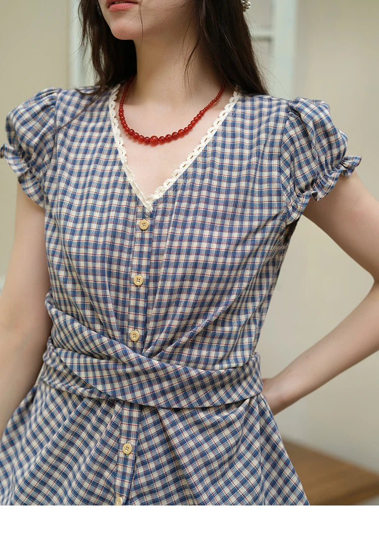 MISHOW Women's Garment Sleeves Plaid Shirt 2025 Summer New Fashion Lace V-neck Shirt Button Belt Top Female Clothing MXE36X1814