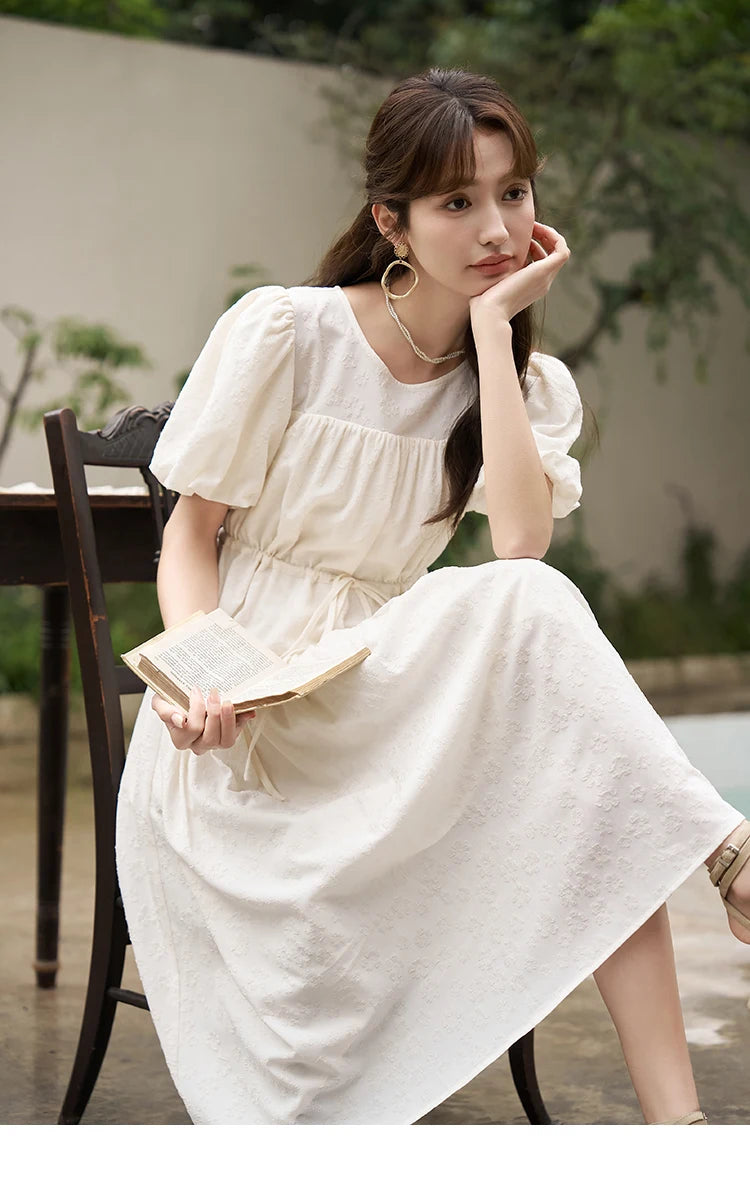 MISHOW French Draw String Waist Dress 2023 Summer Short Sleeve A-LINE Puff Sleeve O-Neck Pullover Elegant Solid Dress MXC38L1415