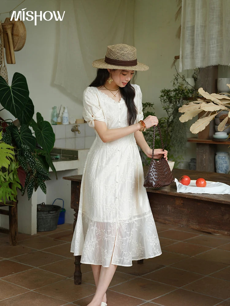Mishow V-Neck Lace Embroidery Puff Sleeve Dress MXE39L2432