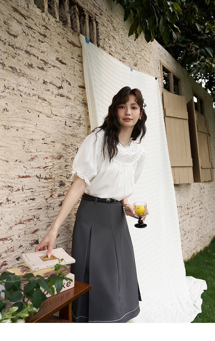 MISHOW French Cotton Bubble Sleeve Blouse Lace Collar MXD23X1500