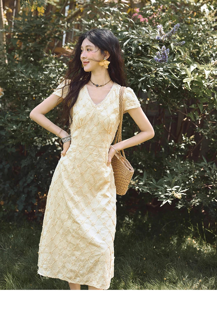 MISHOW Women's V-neck Lace Spliced Dress 2025 Summer New Embroidery Vacation French Style Jacquard Mid-Length Dresses MXE38L2378